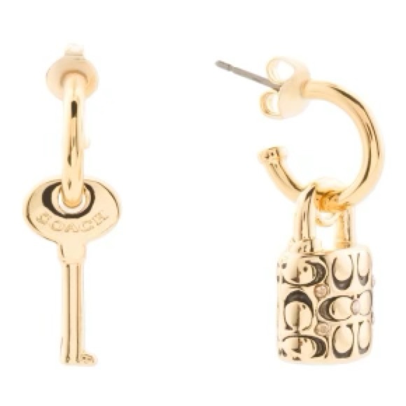 Coach Lock and Key Gold-tone Plated Brass & Crystals Quilted Mismatched Earrings - Picture 3 of 10